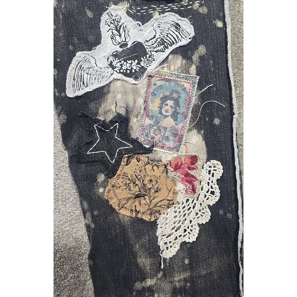OOAK Magnolia Boho Reworked Levi Jeans Upcycle Indie Cat Boyfriend Adjusts 30-38 - Picture 10 of 16